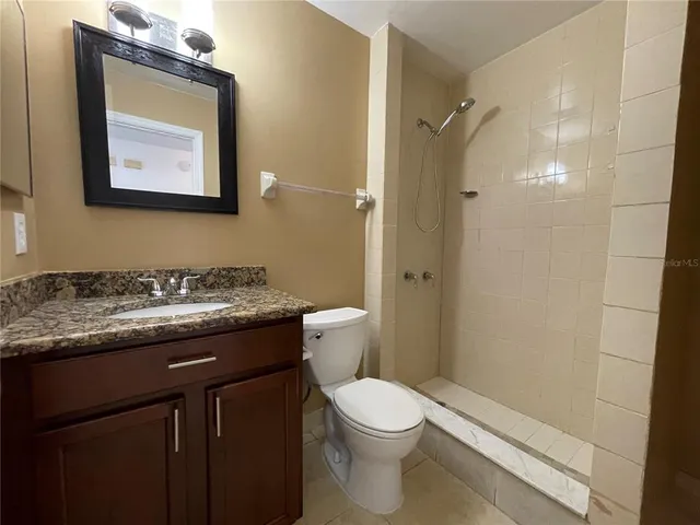a bathroom with a granite countertop sink toilet and shower