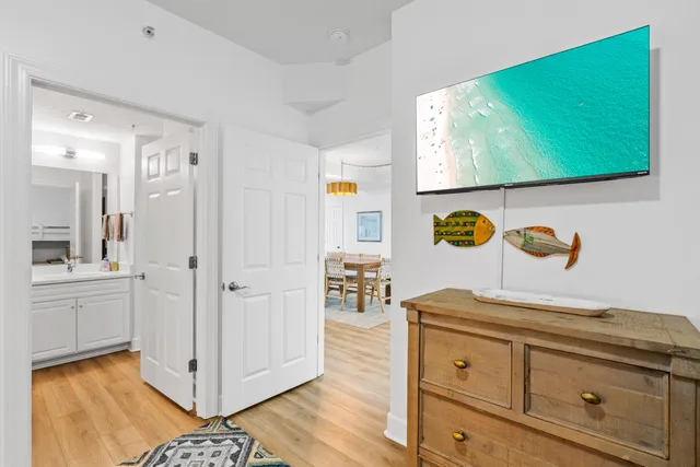 a view of a room with blue painted walls