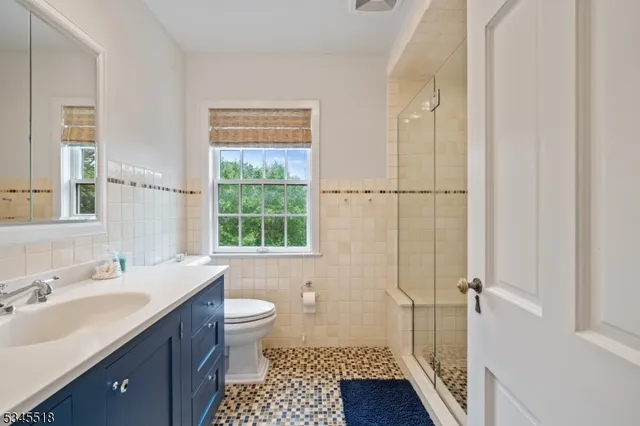 a bathroom with a sink a toilet a window and shower