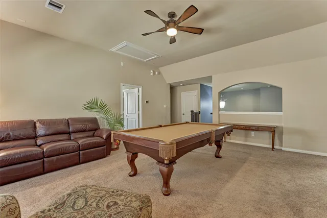 a living room with a couch and a potted plant