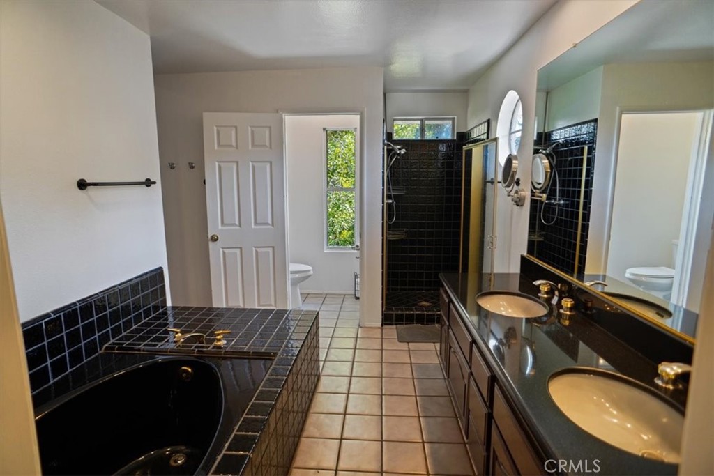 5530 Buffwood Place Agoura Hills, CA 91301 - Photo 12 of 22 a bathroom with a granite countertop sink a mirror and shower