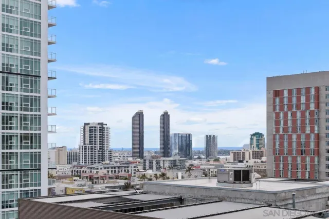 a city view with tall buildings