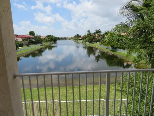 a view of a swimming pool with a patio and plants