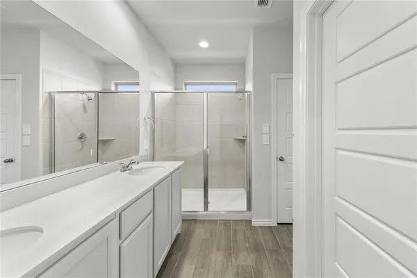 a bathroom with a shower sink vanity and mirror