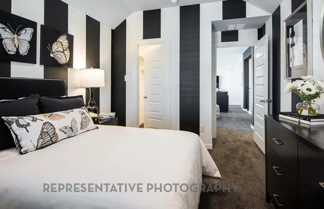 a spacious bedroom with a bed and cabinets