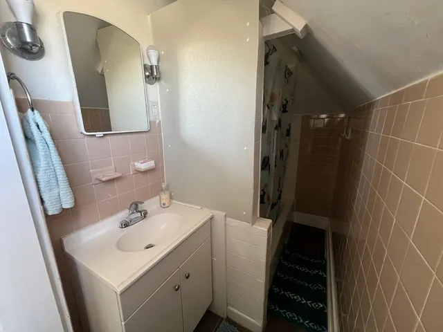 a bathroom with a sink a mirror and shower
