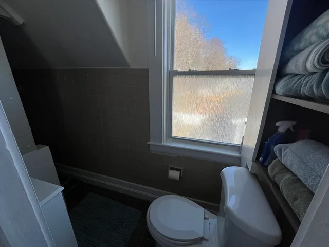 a bathroom with a toilet a sink and a window