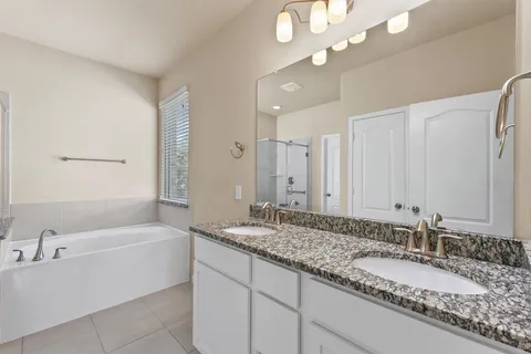 a bathroom with a granite countertop bathtub a double vanity sink and a mirror