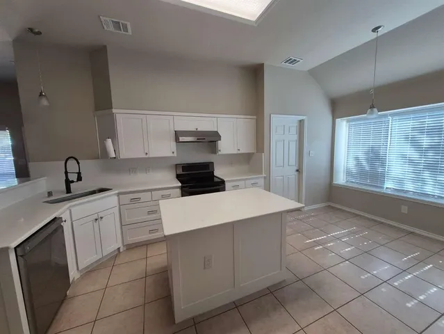a kitchen with a stove a sink a refrigerator and cabinets