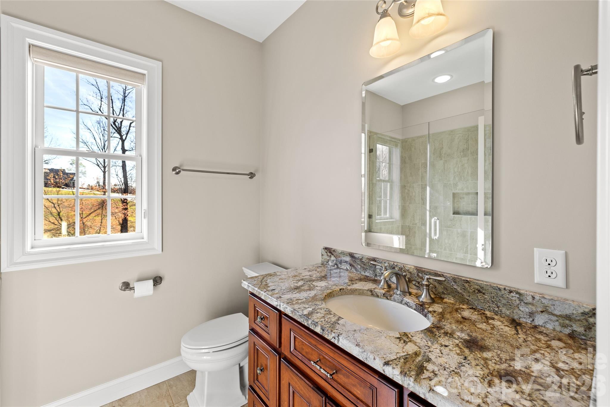 490 Mapleton Lane Columbus, NC 28722 - Photo 18 of 42 a bathroom with a granite countertop double vanity sink toilet and a mirror