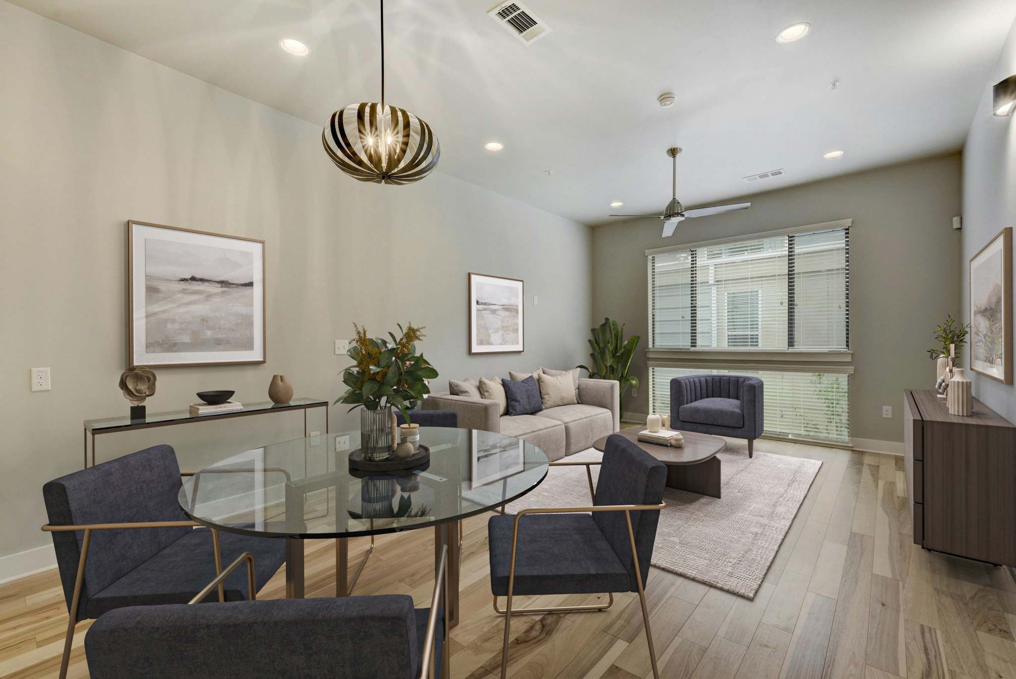 2314 Enfield Road, Unit 202 Austin, TX 78703 - Photo 3 of 20 Hardwood flooring extends throughout this naturally illuminated living and dining area, featuring high ceilings and modern fixtures.
