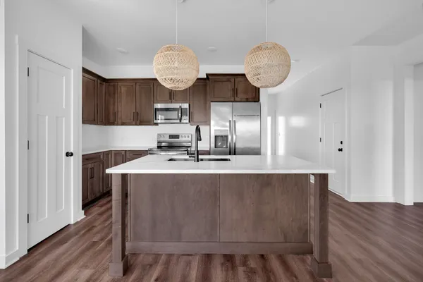 a view of dining room with wooden floor
