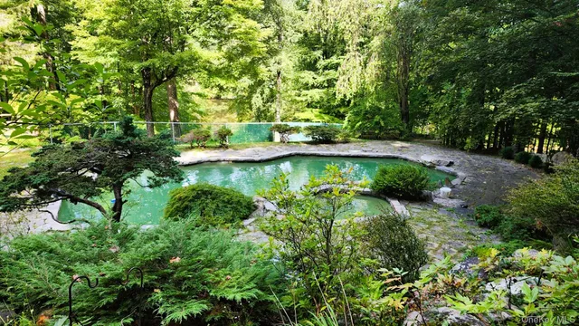 a view of a garden with large trees