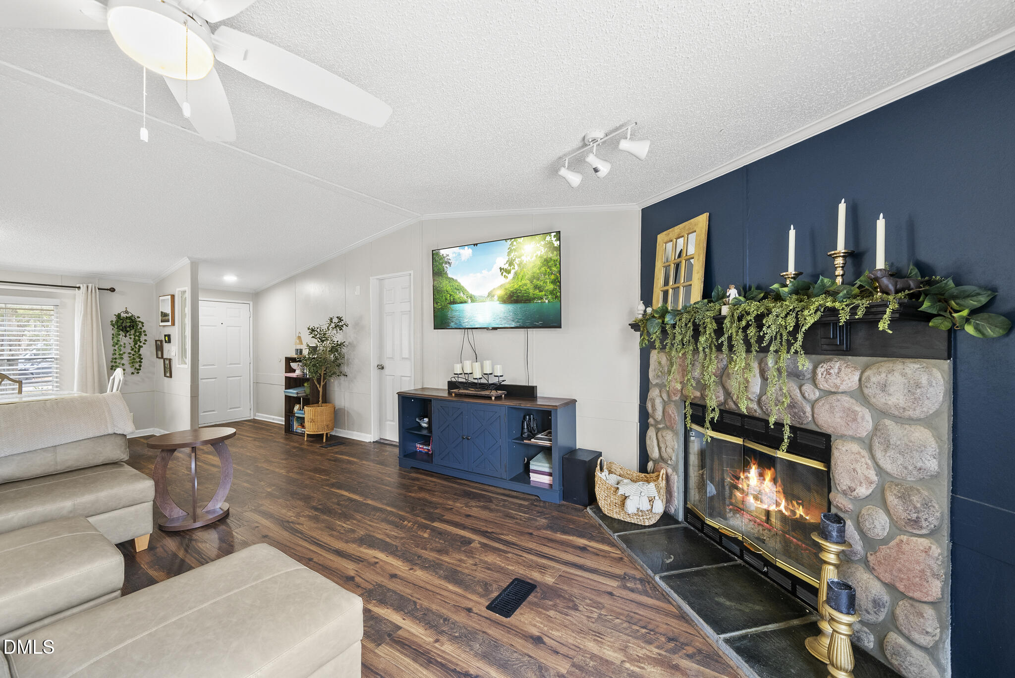4703 Trinity Lane Rougemont, NC 27572 - Photo 12 of 55 a living room with furniture a flat screen tv and a fireplace
