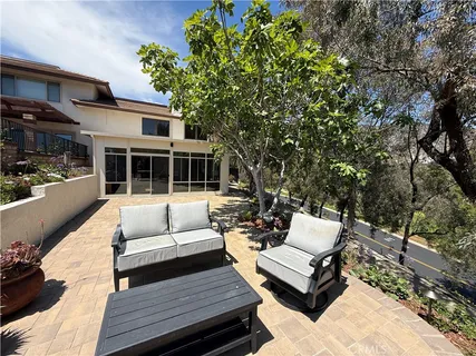 a view of a patio with couches and a potted plant on a table