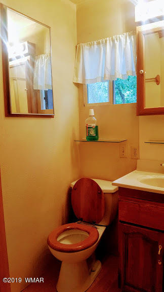 4381 East Blue Ridge Loop, Unit 3 Pinetop, AZ 85935 - Photo 15 of 16 a bathroom with a toilet a sink and a mirror