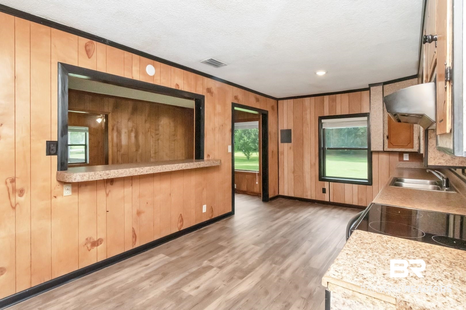 12751 Zanzibar Road Grand Bay, AL 36541 - Photo 12 of 30 Kitchen featuring sink, dark hardwood / wood-style floors, wooden walls, and wall chimney exhaust hood