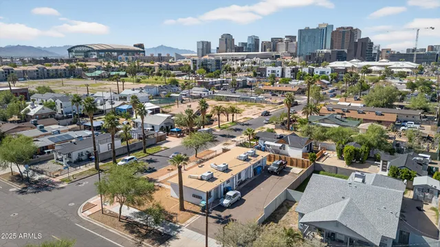 a city view with tall buildings