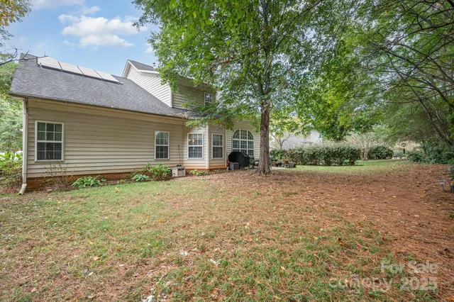 a backyard of a house with plants and large tree