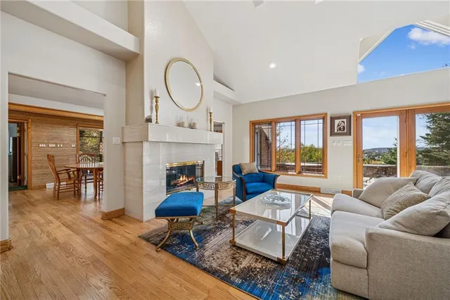 a living room with furniture a fireplace and a floor to ceiling window