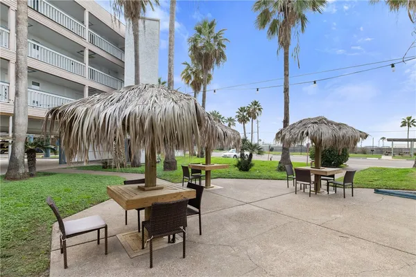 a garden view with a seating space