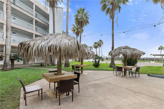 a garden view with a seating space