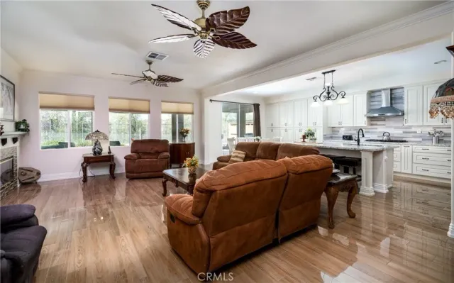 a spacious bathroom with double vanity and a mirror