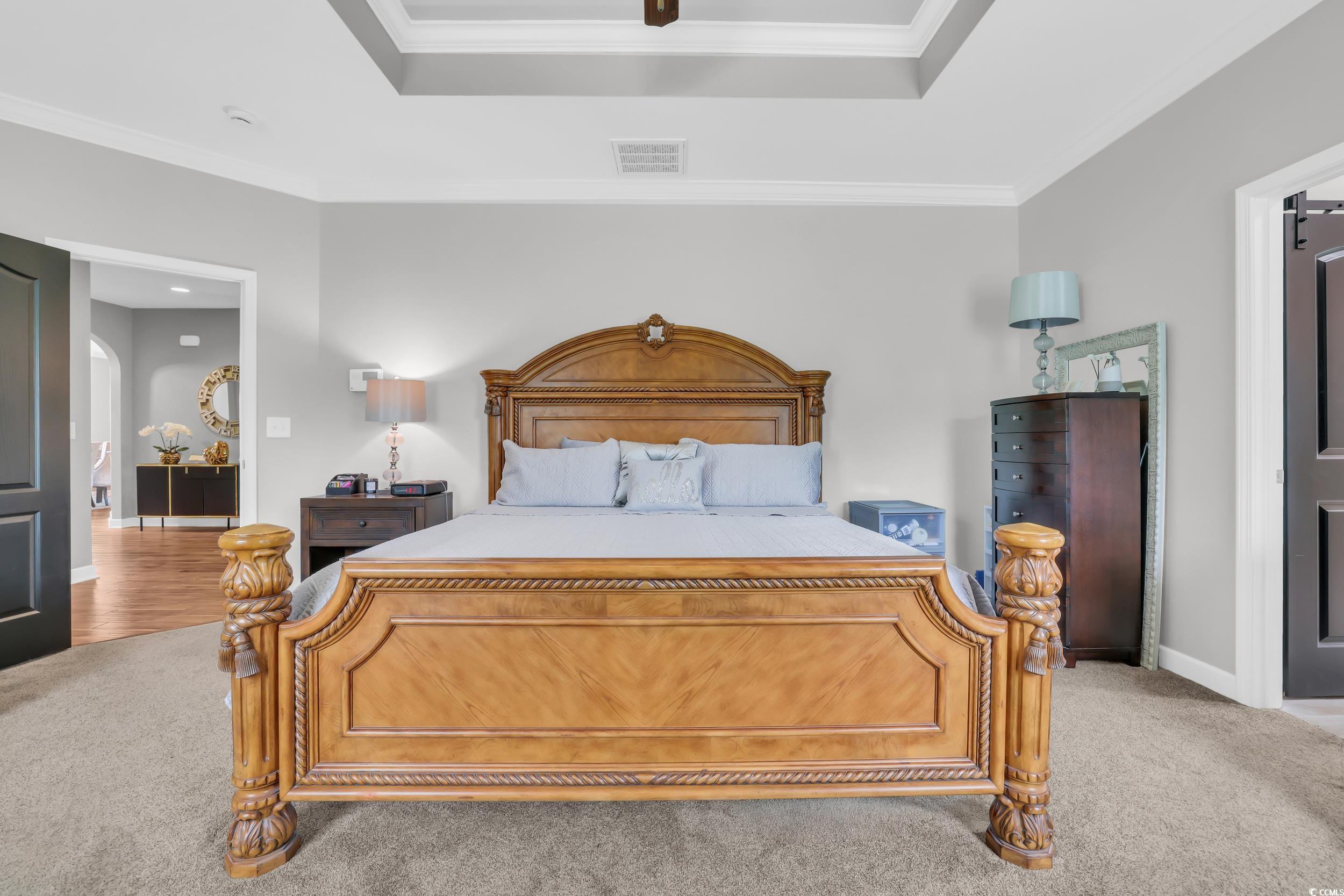 1705 Brookshade Court Conway, SC 29526 - Photo 19 of 40 Bedroom with crown molding, light colored carpet, ceiling fan, a tray ceiling, and arched walkways