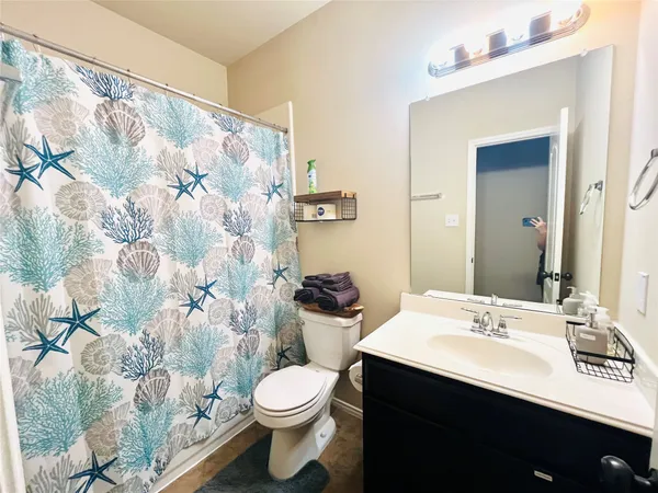 a bathroom with a sink a toilet and shower curtain