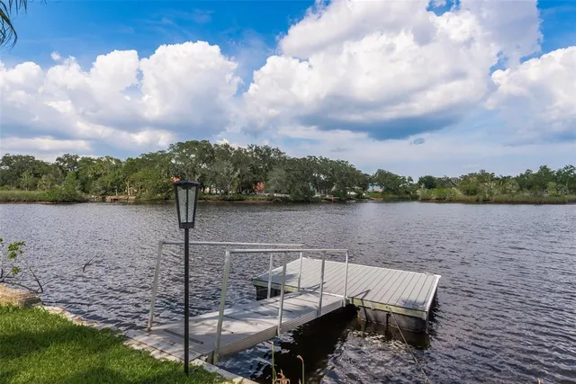 a view of a lake with houses in the back