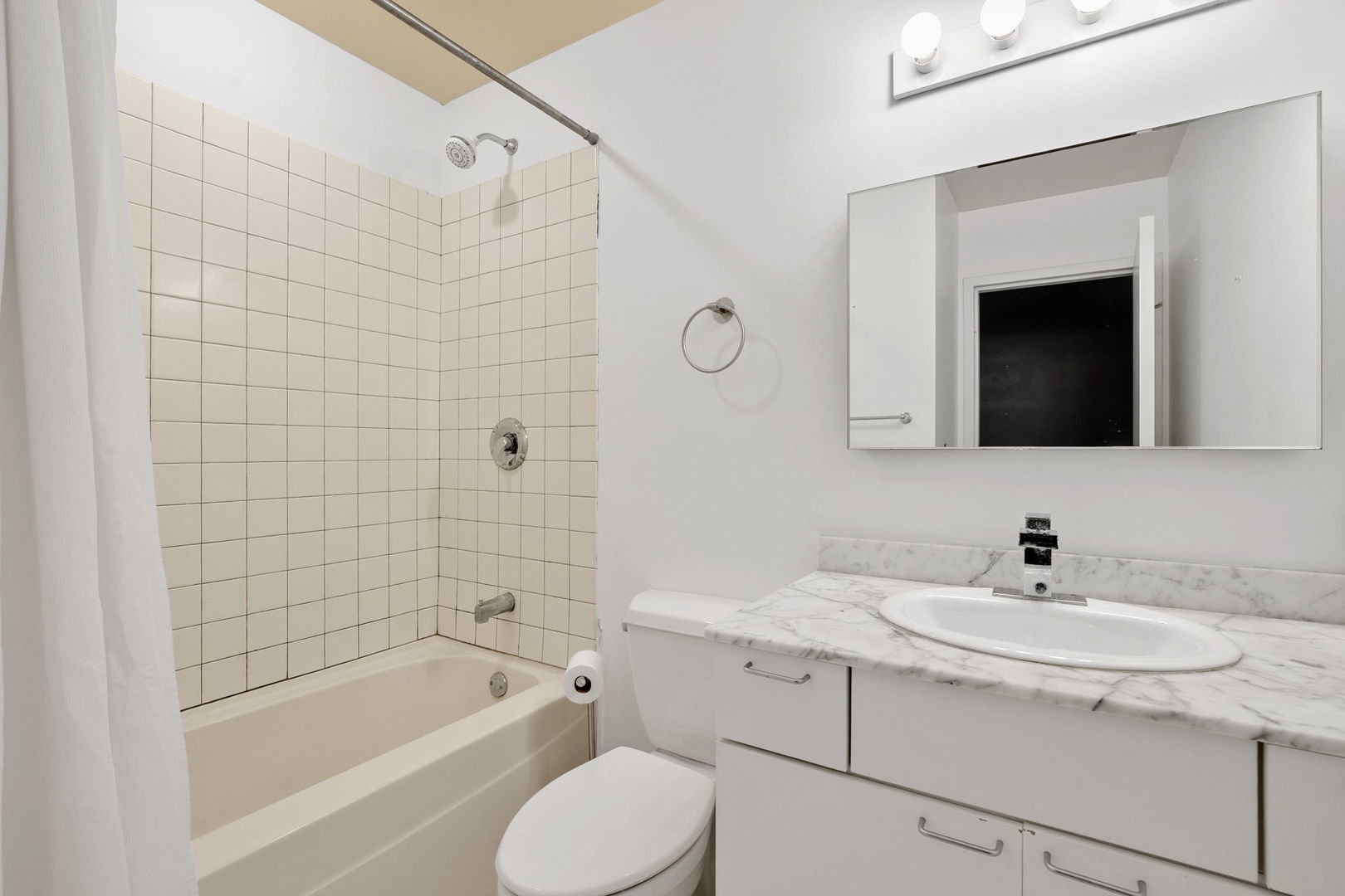 20 North State Street, Unit 611 Chicago, IL 60602 - Photo 16 of 17 a bathroom with a granite countertop sink a toilet and bathtub