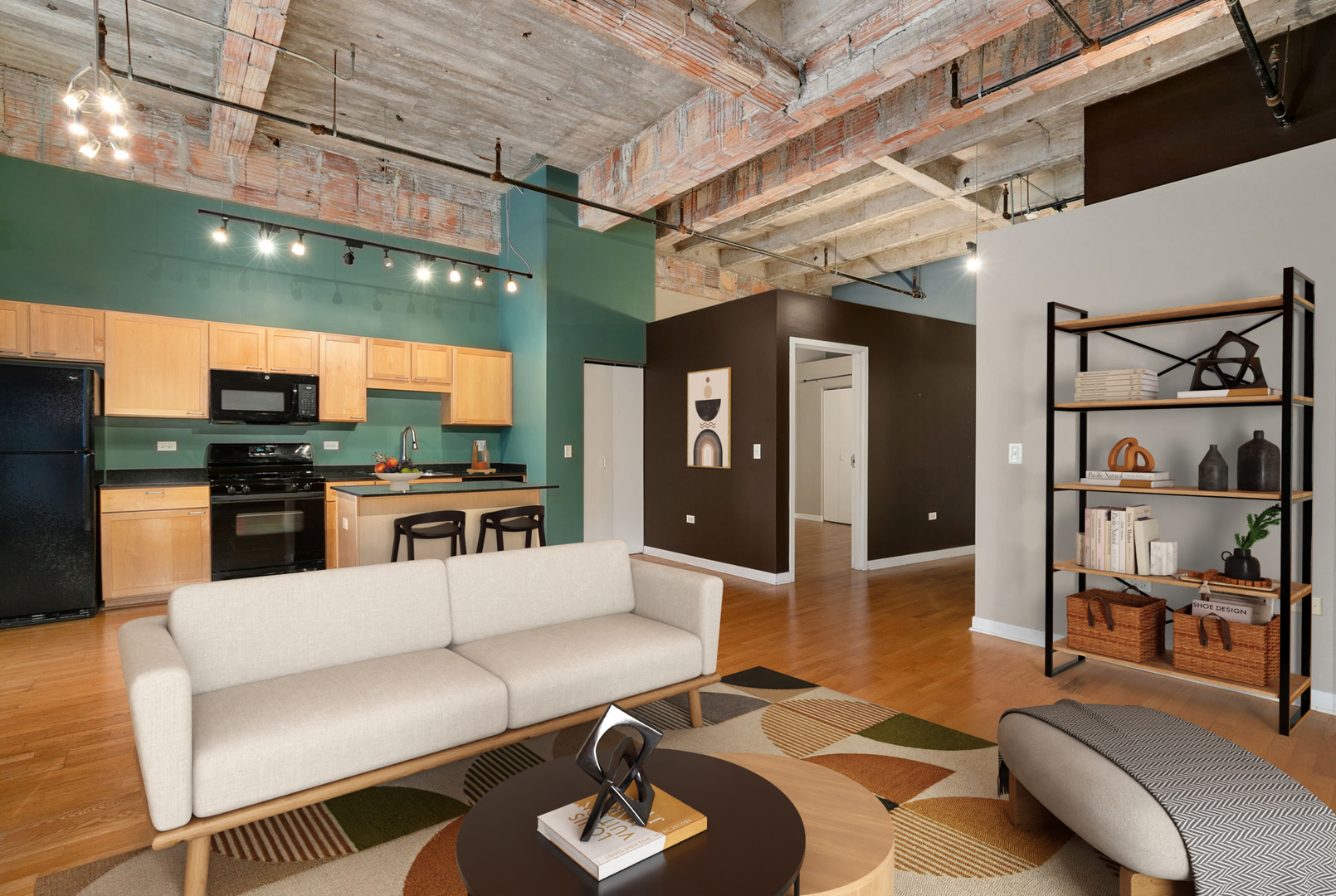 20 North State Street, Unit 611 Chicago, IL 60602 - Photo 7 of 17 a living room with furniture and a kitchen view