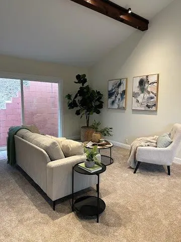 a living room with furniture and a potted plant