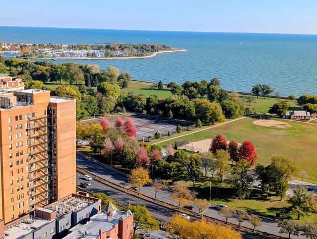 a view of a city and ocean view