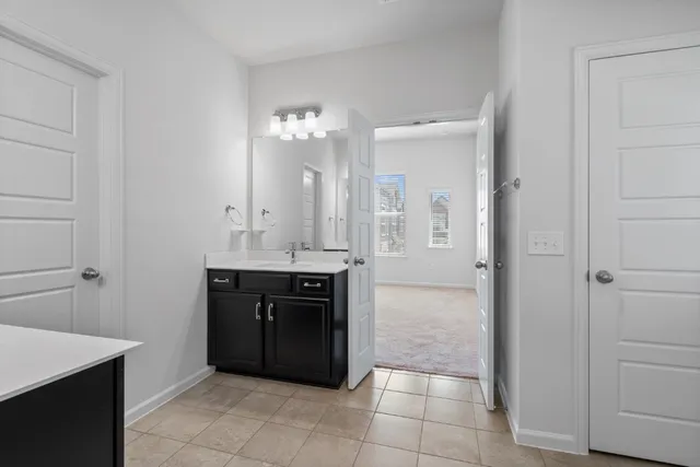 a bathroom with a sink vanity and a mirror