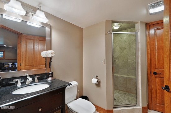 3630 South Massbach Road Stockton, IL 61085 - Photo 10 of 25 a bathroom with a granite countertop sink toilet a mirror a vanity and shower