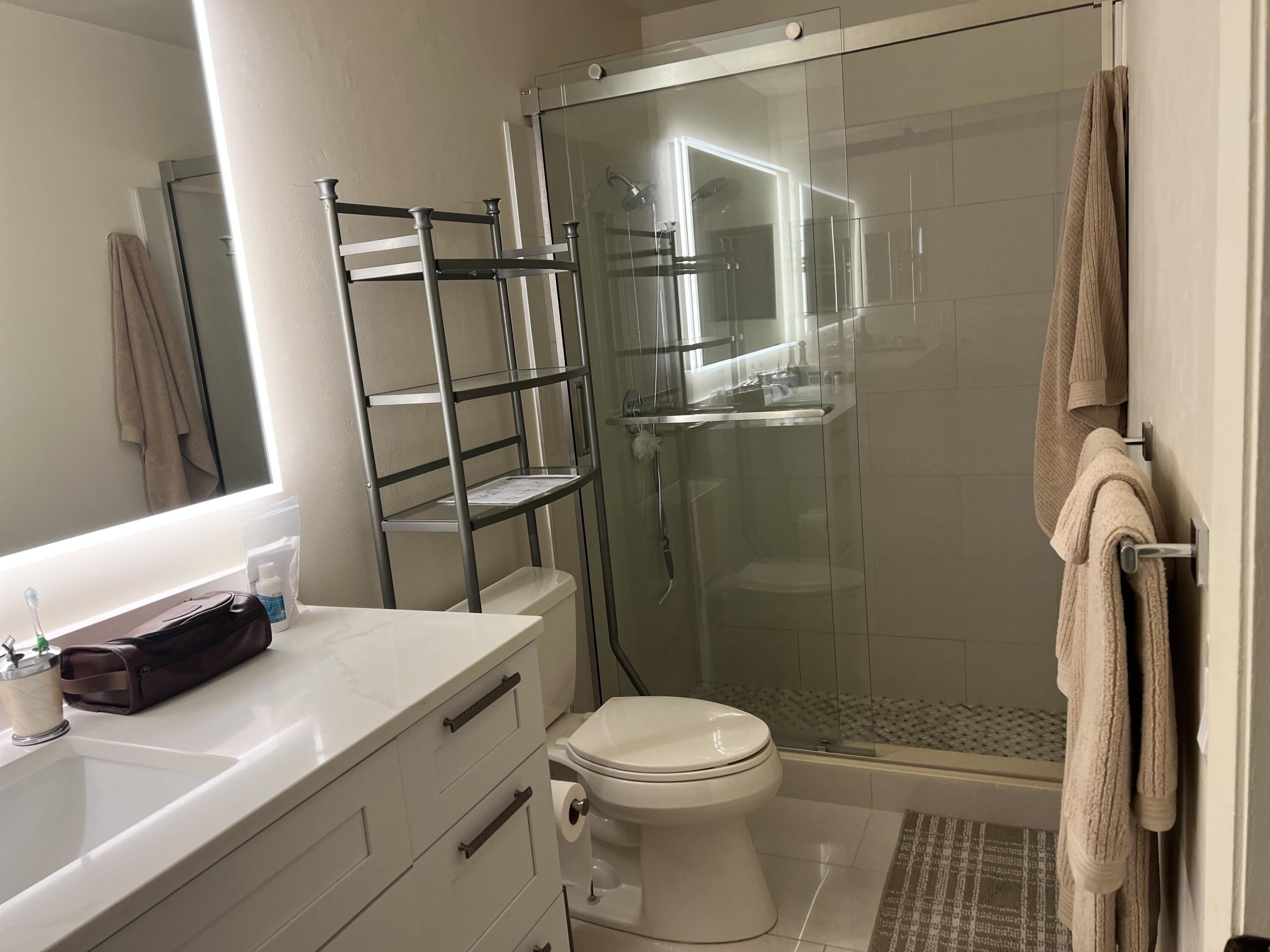 a bathroom with a sink a toilet a shower and a mirror