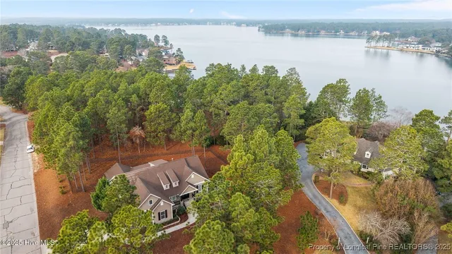 an aerial view of a house with a lake view