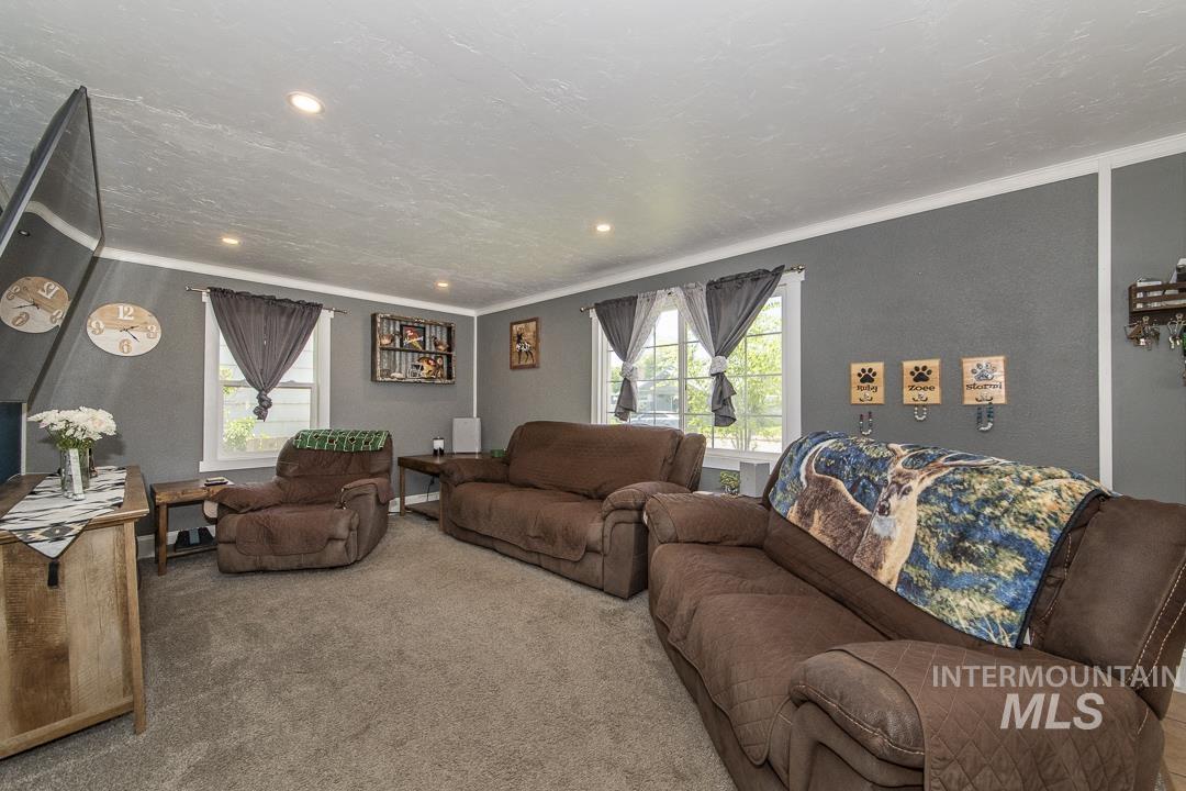 486 West Main Street South Vale, OR 97918 - Photo 9 of 37 Carpeted living area featuring recessed lighting, a neutral gray wall color, white trim, and multiple windows
