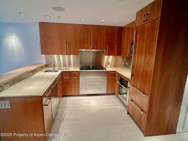a kitchen with a sink a stove and a refrigerator