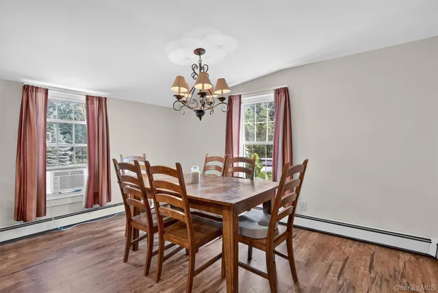 a view of a dining room with furniture and window