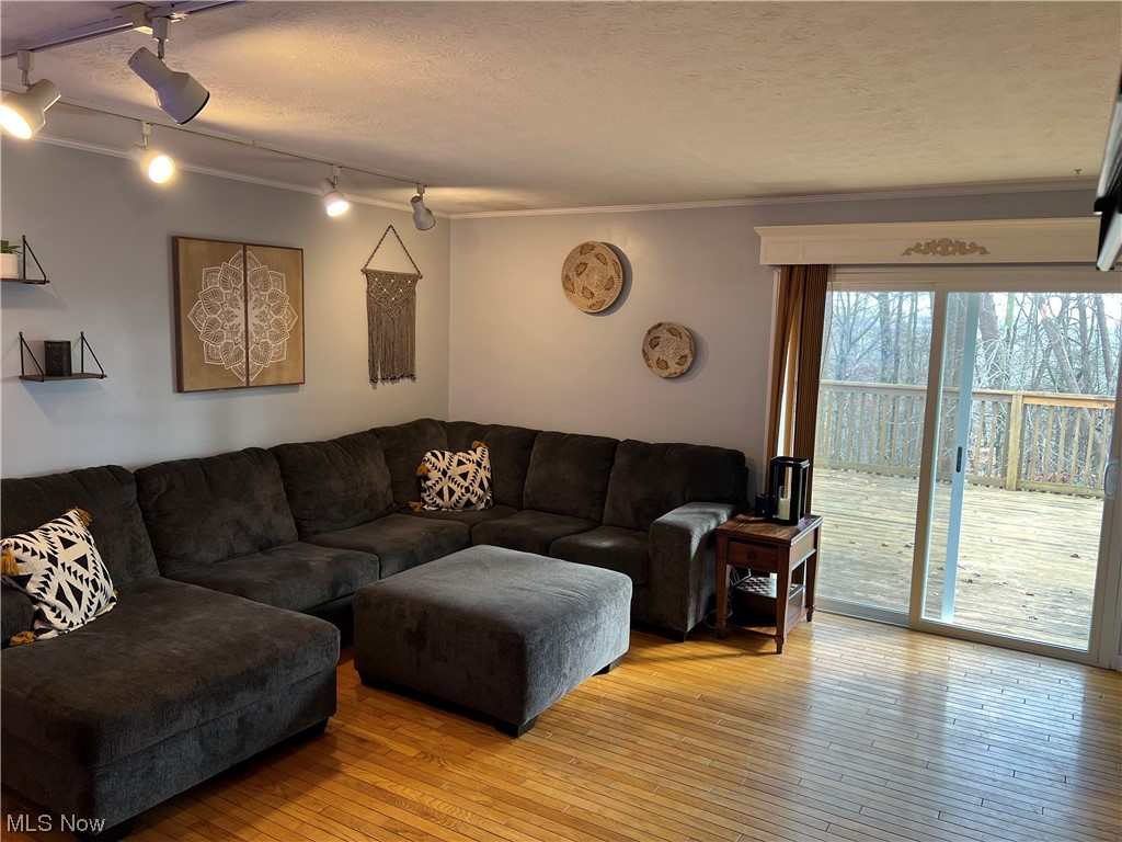 6950 Walker Road Walker, WV 26180 - Photo 3 of 22 another view Living room with light wood-type flooring, a textured ceiling, glass sliding door leading out to large back deck overlooking wooded area