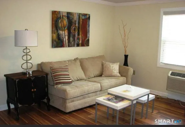 a living room with furniture a couch and a window
