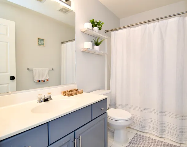 a bathroom with a sink a toilet and shower curtain