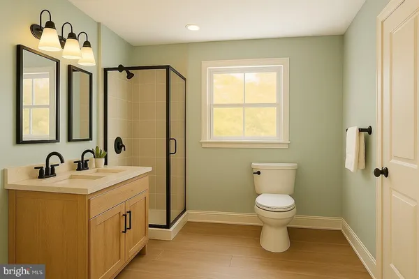 a bathroom with a toilet sink and mirror