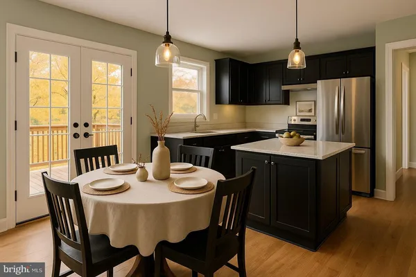 a view of a dining room with furniture window and outside view
