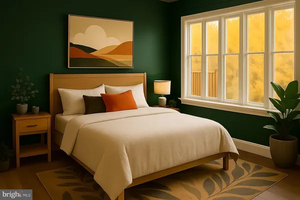 a bedroom with a bed and a potted plant