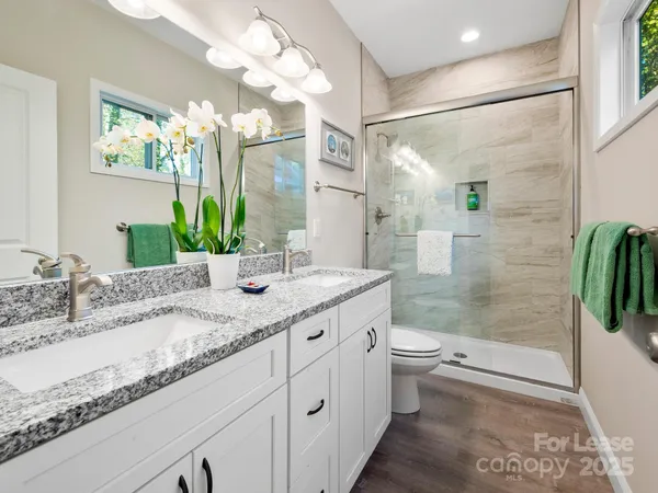 a bathroom with a granite countertop sink toilet and shower