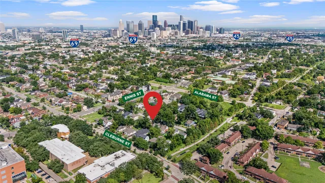 a city view with tall buildings