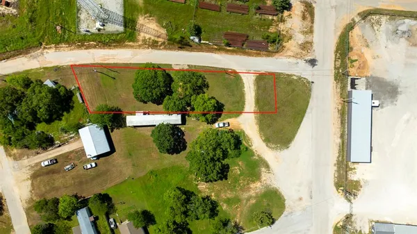 an aerial view of a swimming pool